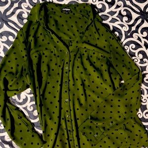 Express Green and Black polka dot sheer blouse size M